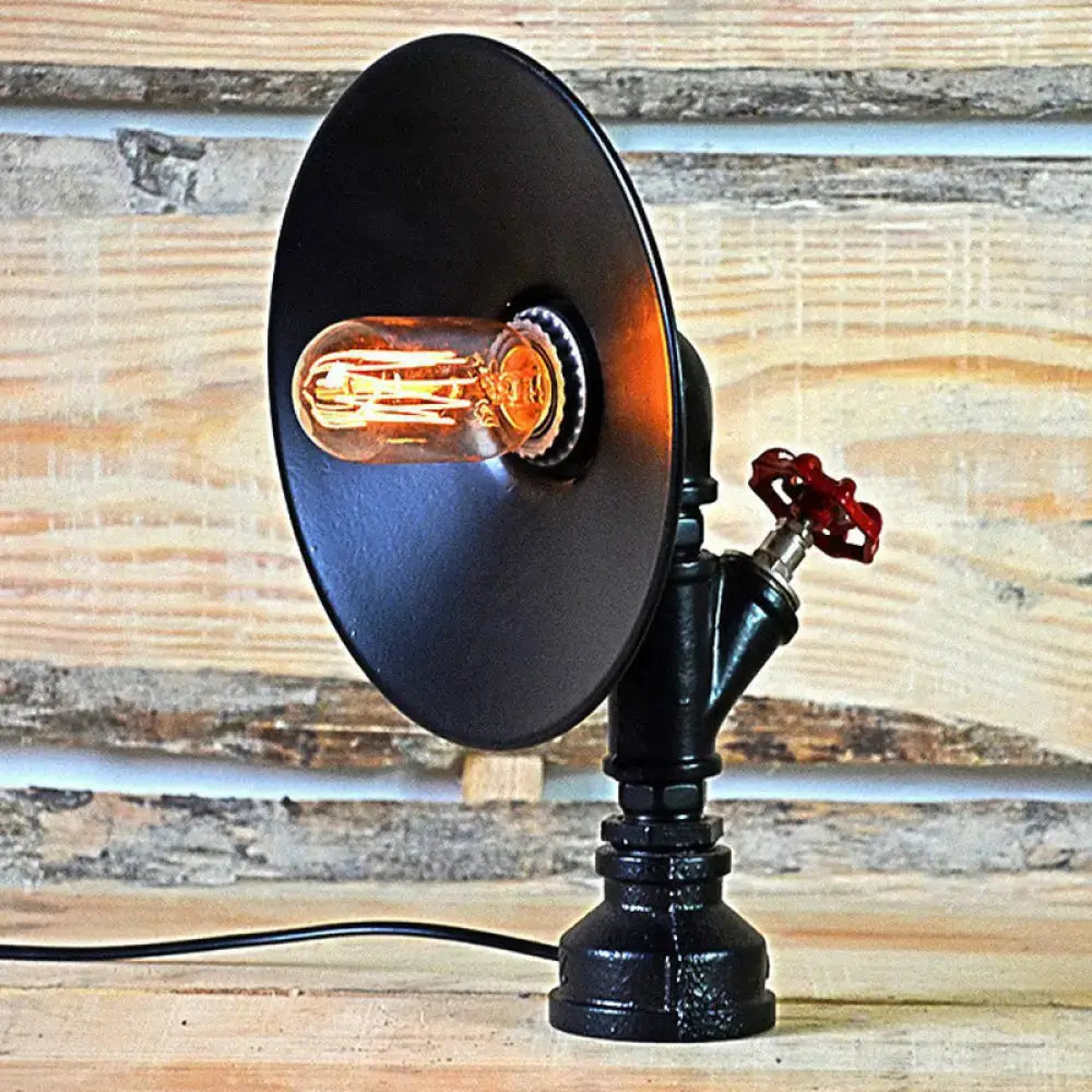 DecorBites™ industrial black metal table lamp with decorative red valve handle and exposed filament bulb for night use