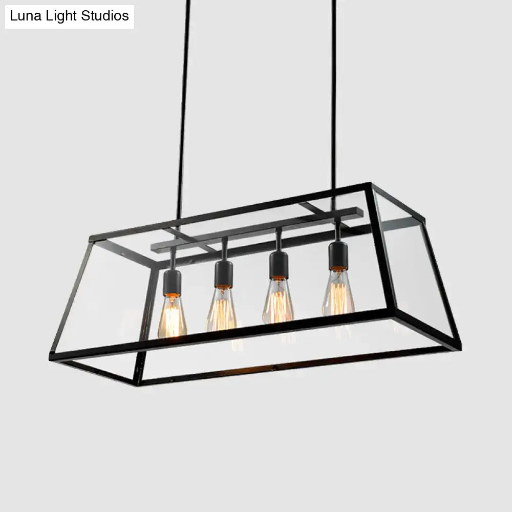 DecorBites black metal trapezoid island pendant light with four exposed LED incandescent bulbs and clear glass panels