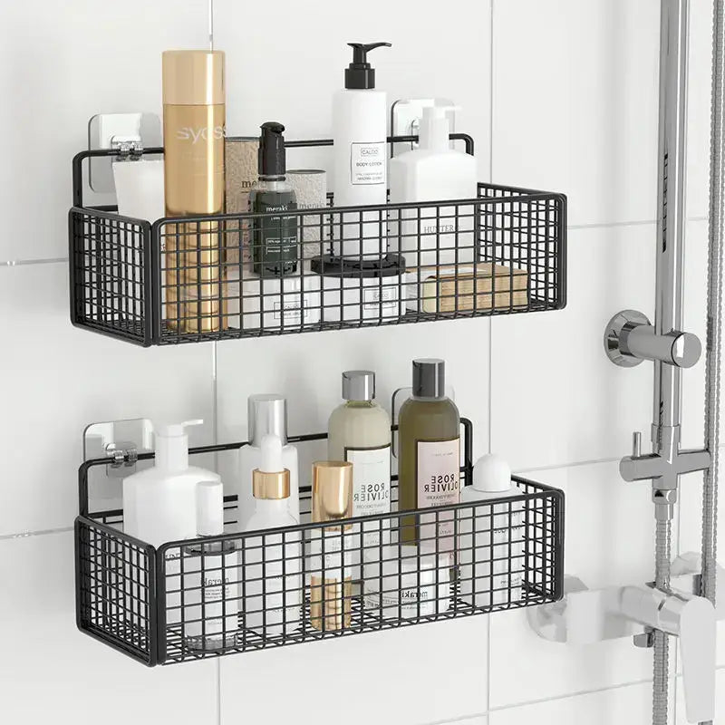 Black metal two tier bathroom shelf with grid design holding bath essentials for efficient bathroom storage