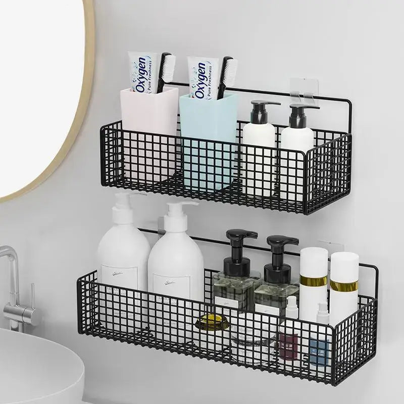 Black metal two tier bathroom shelf organizer with grid design for bath essentials and bathroom storage