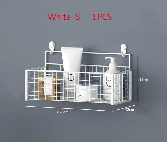 White metal wire mesh wall-mounted storage basket with two adjustable hooks for bathroom shelf and bath essentials storage