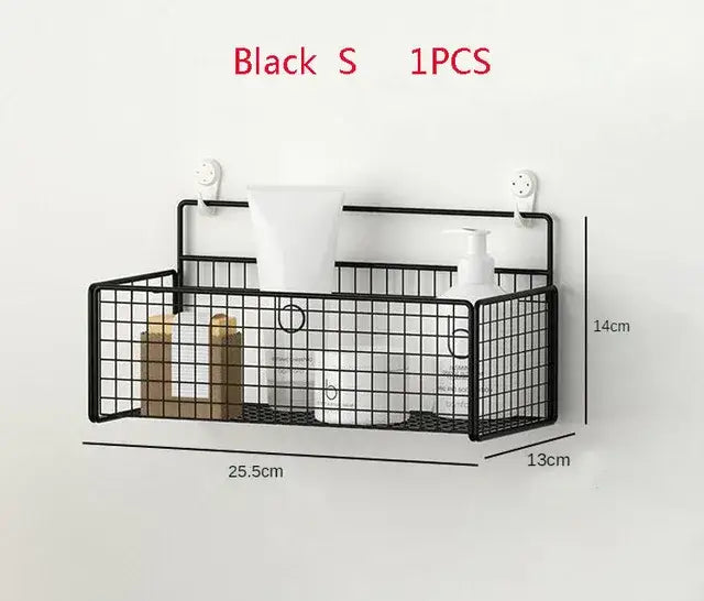 Industrial black metal two tier bathroom shelf with suction cups for easy bathroom storage of bath essentials