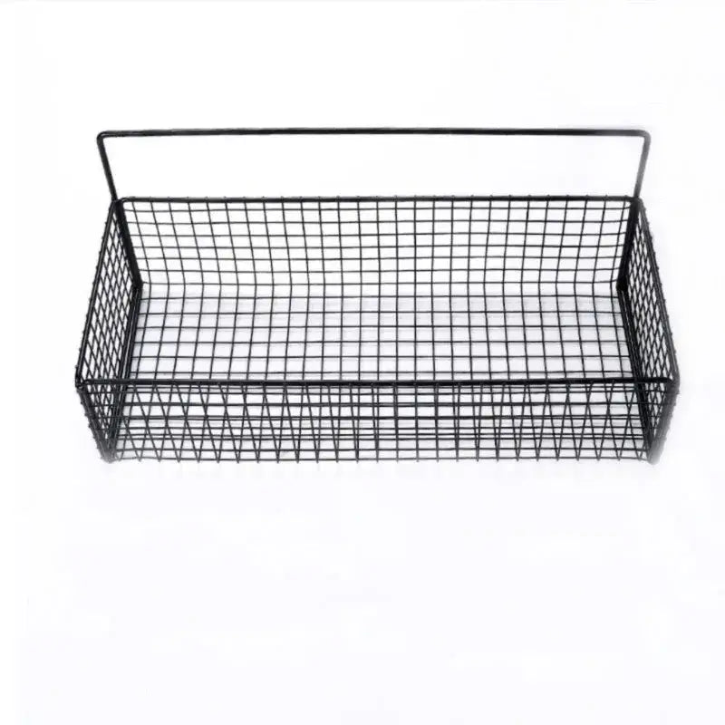 Black metal wire mesh hanging basket with rectangular grid and reinforced handle for bathroom shelf and storage of bath essentials