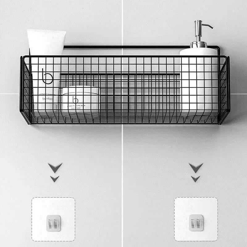 Black wire mesh wall-mounted bathroom shelf with minimalist grid design ideal for bath essentials storage