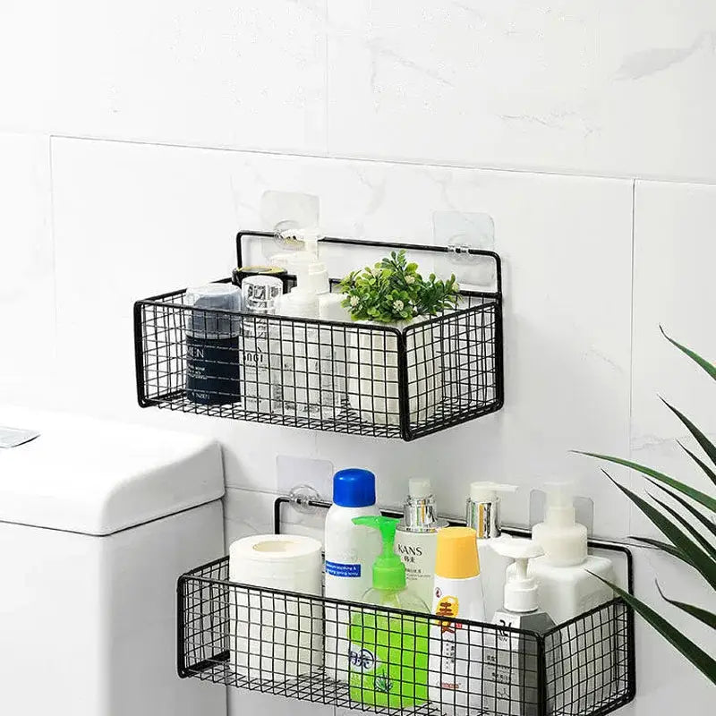 Black metal two tier bathroom shelf with wire mesh baskets for organized bathroom storage of bath essentials