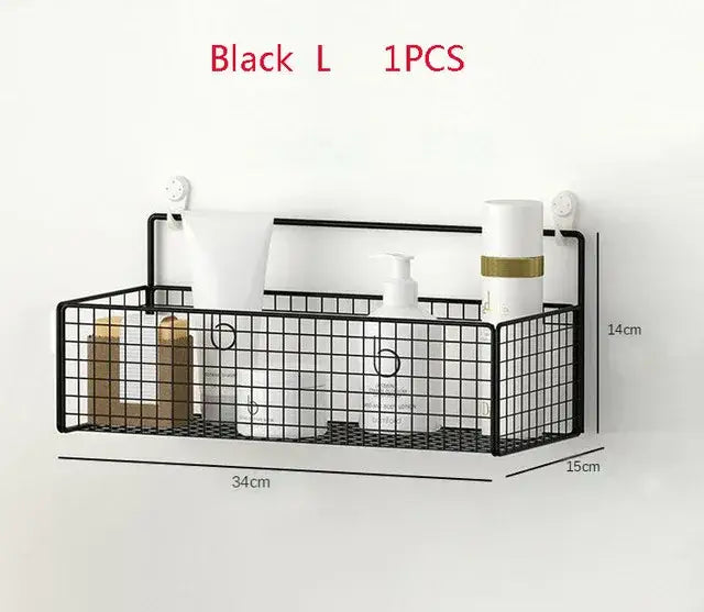 Black metal wire mesh two tier bathroom shelf with suction cup mounts for bath essentials and bathroom storage
