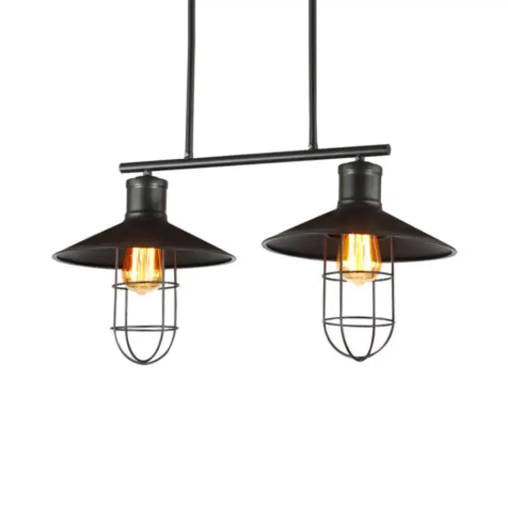 DecorBites™ nautical saucer island pendant lamp with two black metal wire cage shade bulbs in industrial style