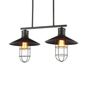 DecorBites™ nautical saucer island pendant lamp with two black metal wire cage shade bulbs in industrial style