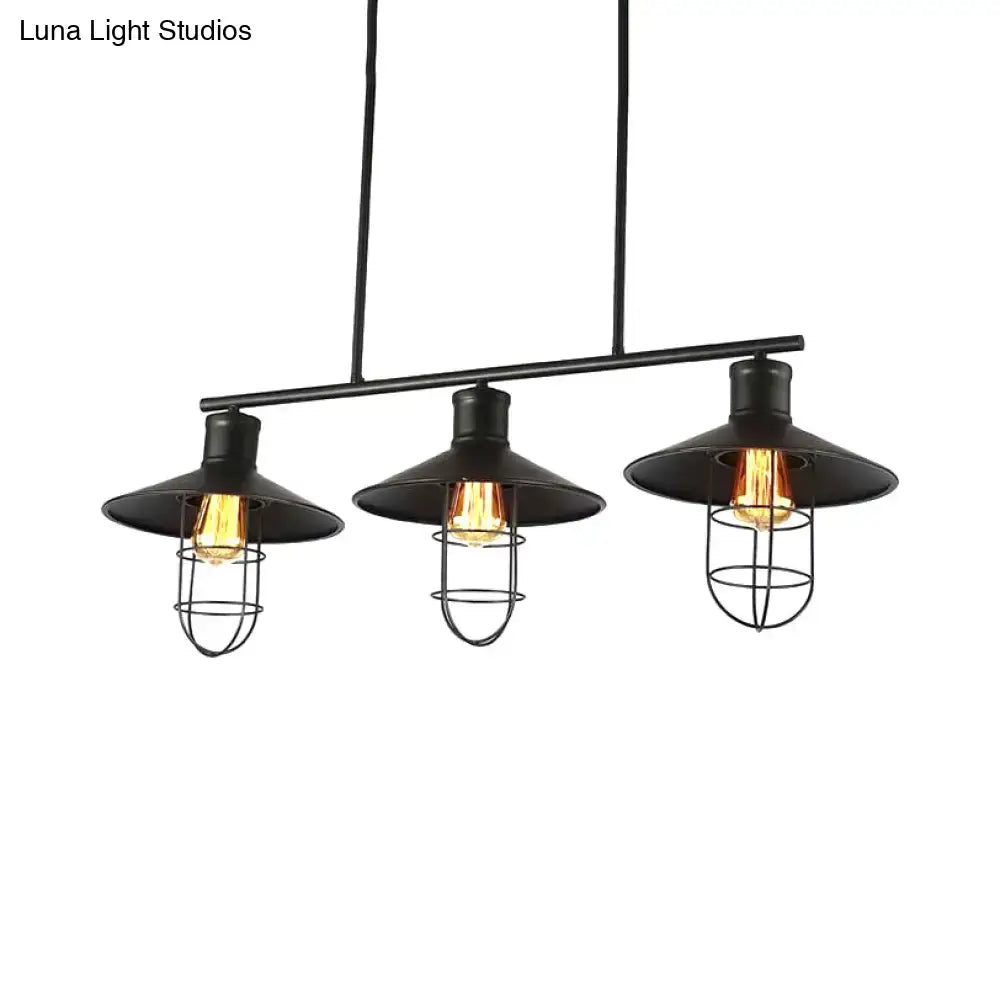 DecorBites™ Nautical Saucer black metal pendant lamp with three exposed filament bulbs and wire cage shade
