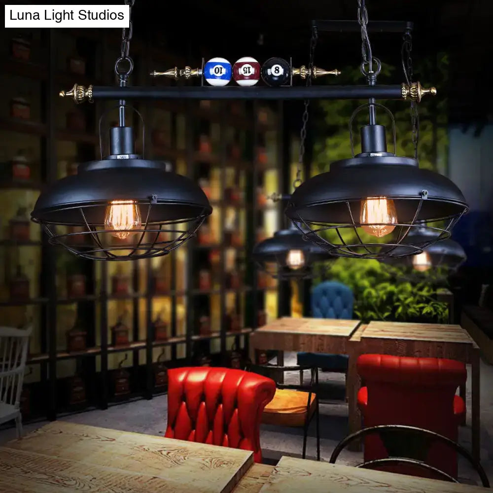 DecorBites™ industrial metal wire frame island light with black finish and billiard-themed pool balls, 2/3 heads
