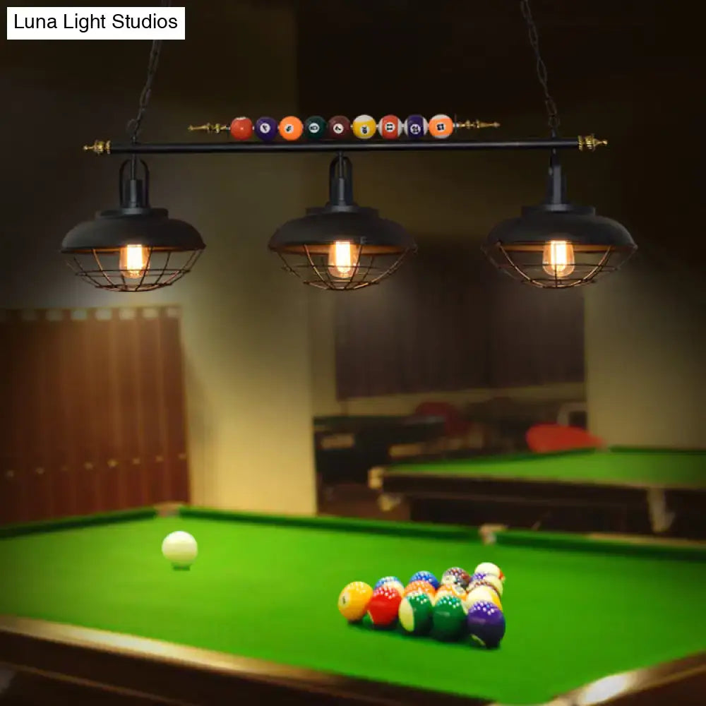 DecorBites™ industrial metal wire frame island light with black finish and three lamps ideal for billiard rooms