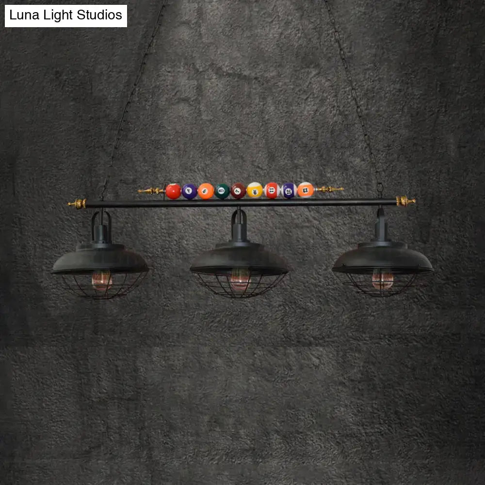 Decorbites industrial metal wire frame island light with black finish and three wire mesh shades for billiard room