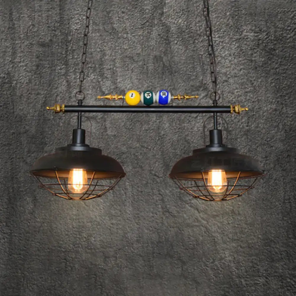 Decorbites industrial metal wire frame island light with black finish brass accents and vintage bulbs for billiard room