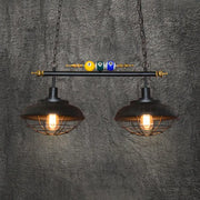 Decorbites industrial metal wire frame island light with black finish brass accents and vintage bulbs for billiard room