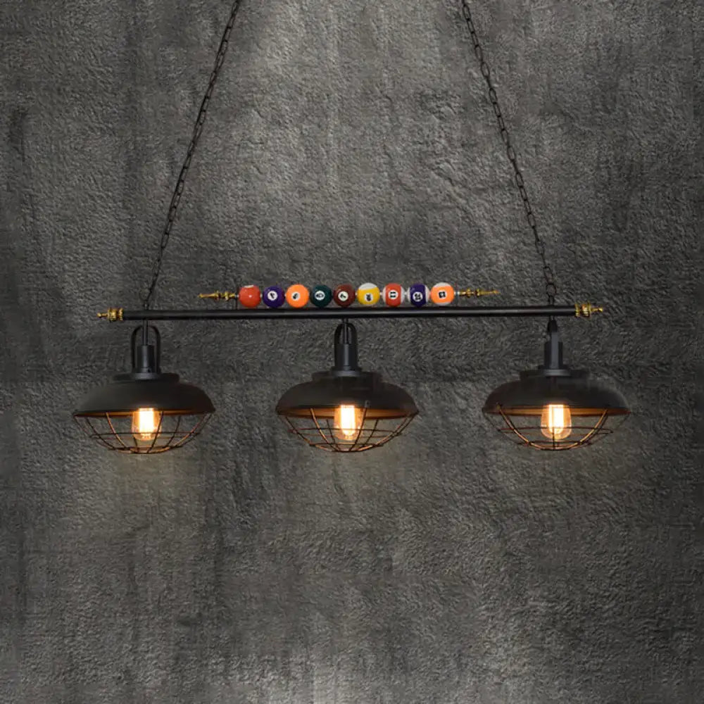 DecorBites industrial metal wire frame pool table light with black finish, three bulbs, and decorative billiard balls