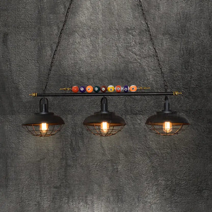 DecorBites industrial metal wire frame pool table light with black finish, three bulbs, and decorative billiard balls