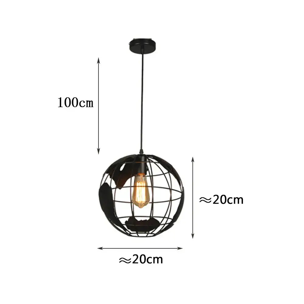 Industrial black metal world map pendant light featuring a black wrought iron globe with vintage Edison bulb decorbites black metal