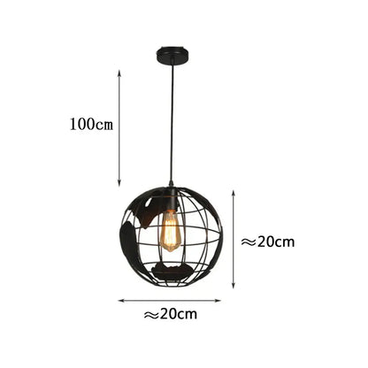 Industrial black metal world map pendant light featuring a black wrought iron globe with vintage Edison bulb decorbites black metal