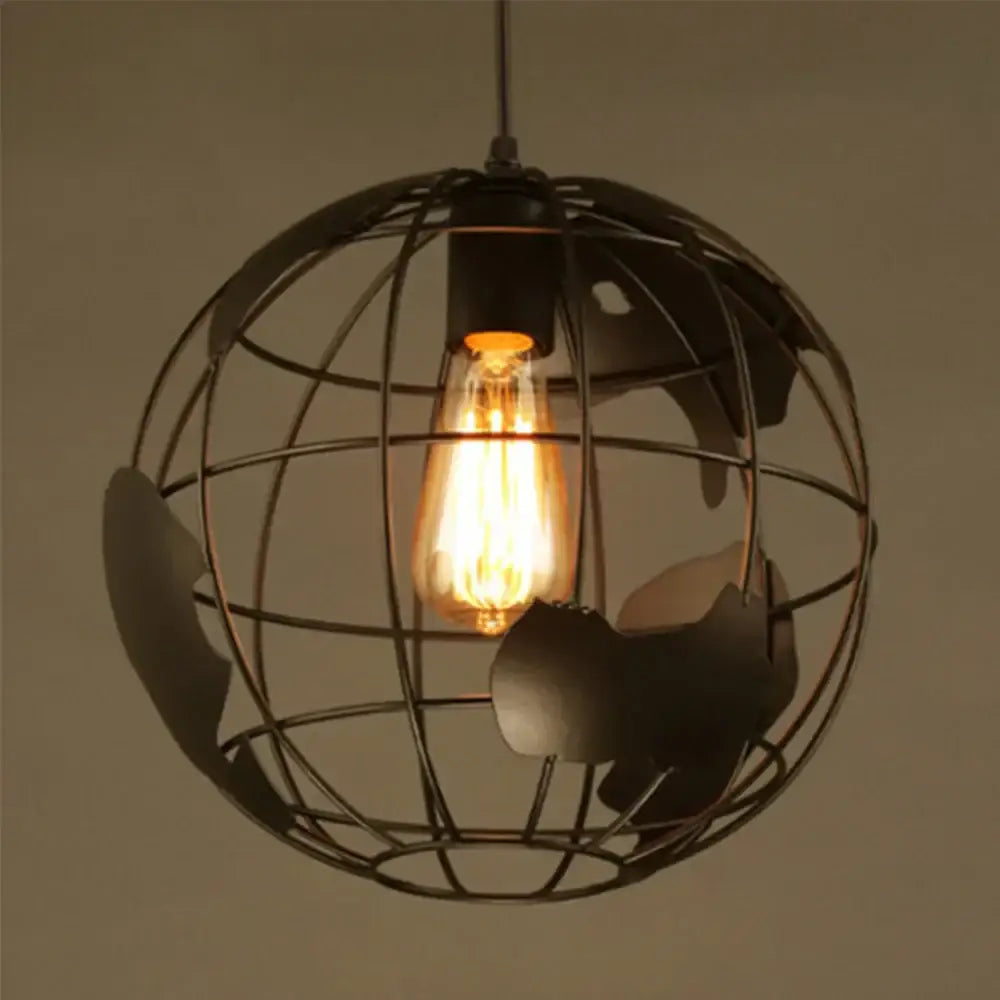 Industrial black metal world map pendant light with glowing filament bulb decorbites black metal industrial style