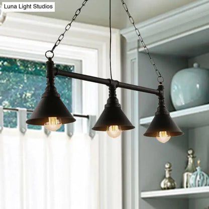 DecorBites antique style 3-head metallic island pendant lamp with black metal conical shades and chain cord