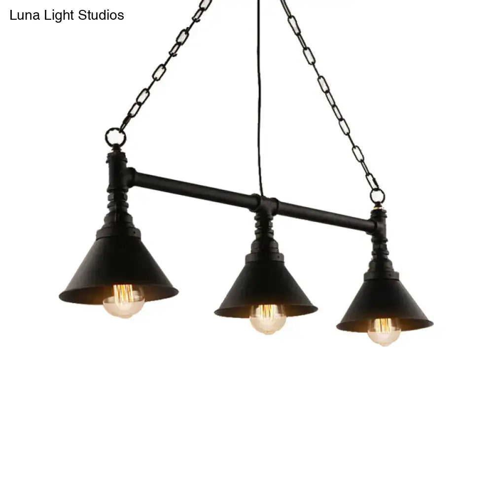 DecorBites™ antique style black industrial pendant lamp with three conical shades and chain cord for kitchen islands