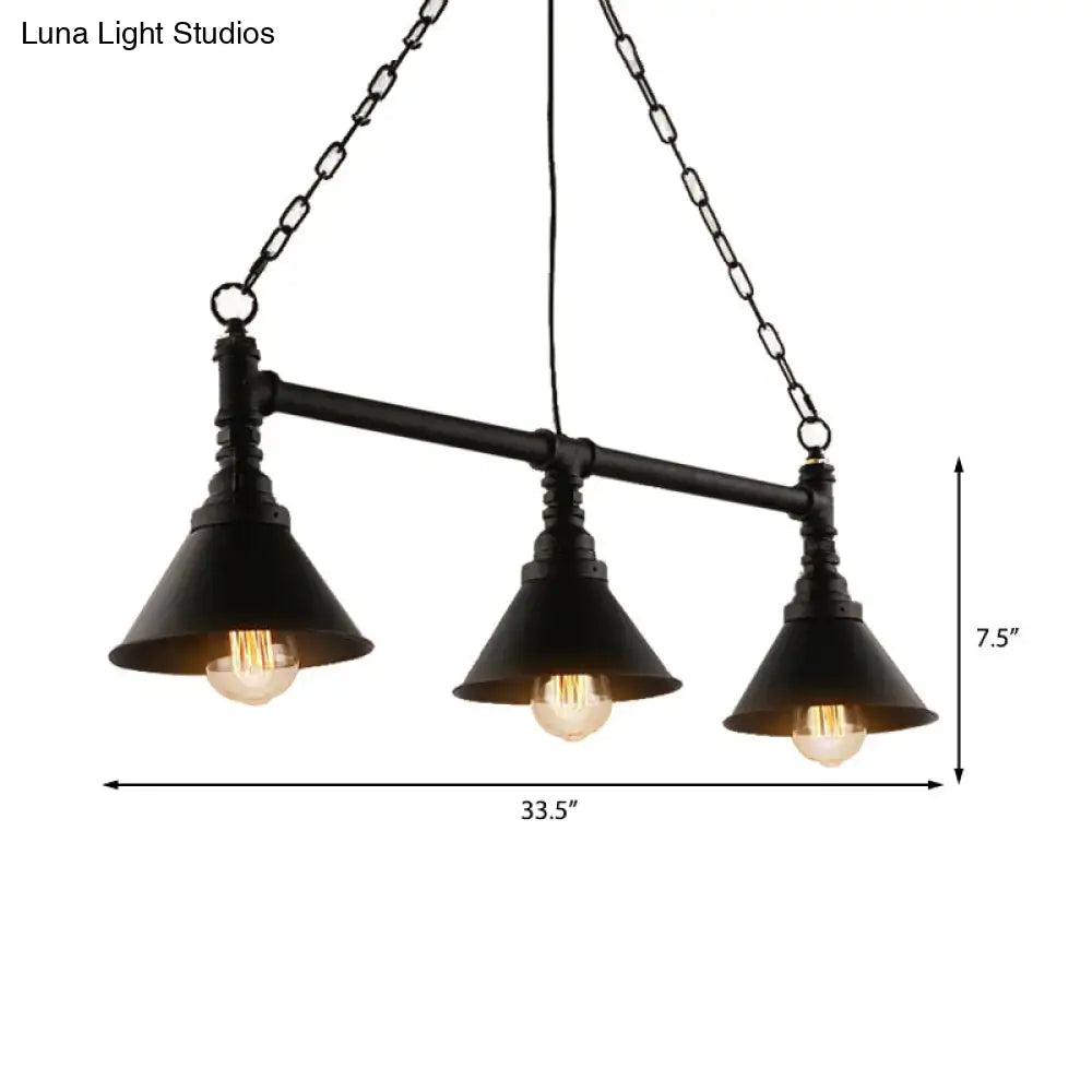 DecorBites™ black industrial-style three-light pendant lamp with cone shades and chain cord suspension for kitchens