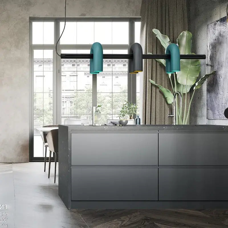 Modern industrial black minimalist led chandelier with three curved teal and black metal fixtures decorbites cirkus led