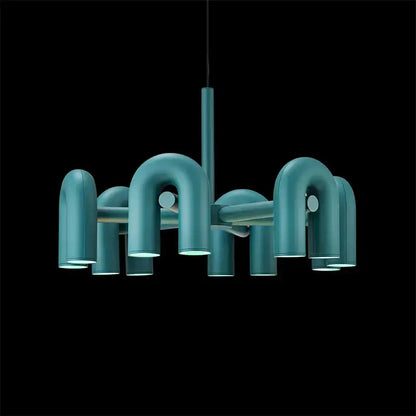Teal-colored decorbites cirkus led modern chandelier with curved u-shaped metal arms and cylindrical light fixtures