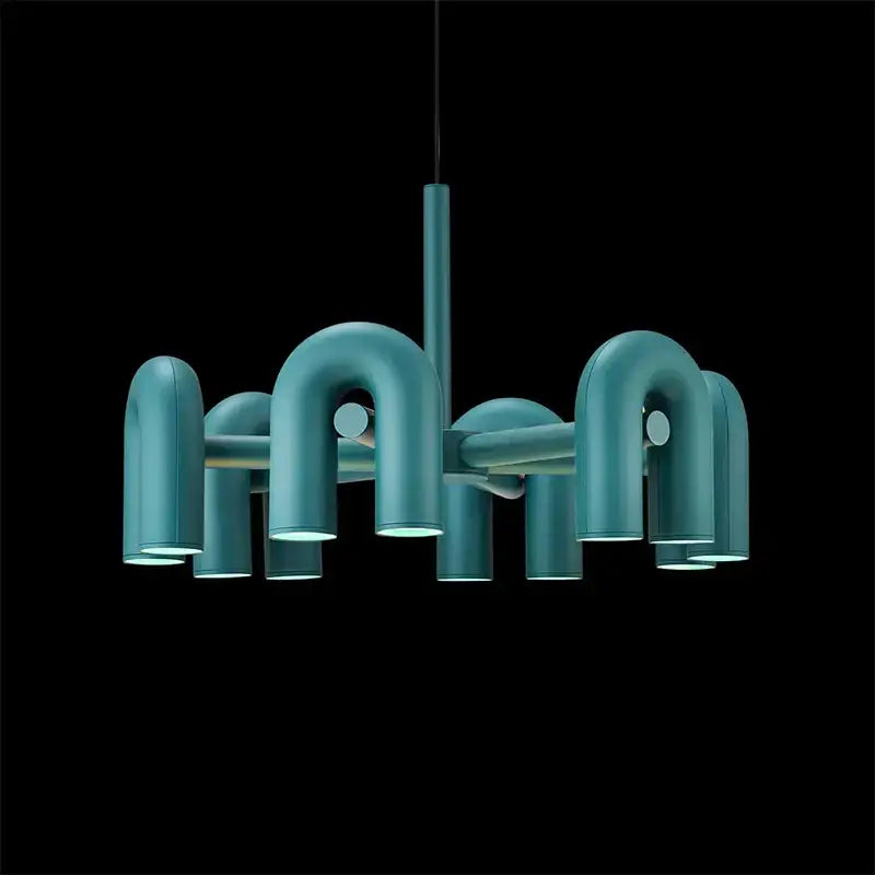 Teal-colored decorbites cirkus led modern chandelier with curved u-shaped metal arms and cylindrical light fixtures