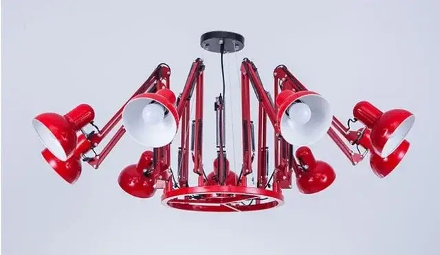 Red industrial led pendant light with multiple adjustable lamp heads and circular base for modern decorbites pendant light
