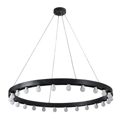 Black circular industrial pendant light with multiple white bulbs suspended by thin wires for decorbites industrial duplex staircase