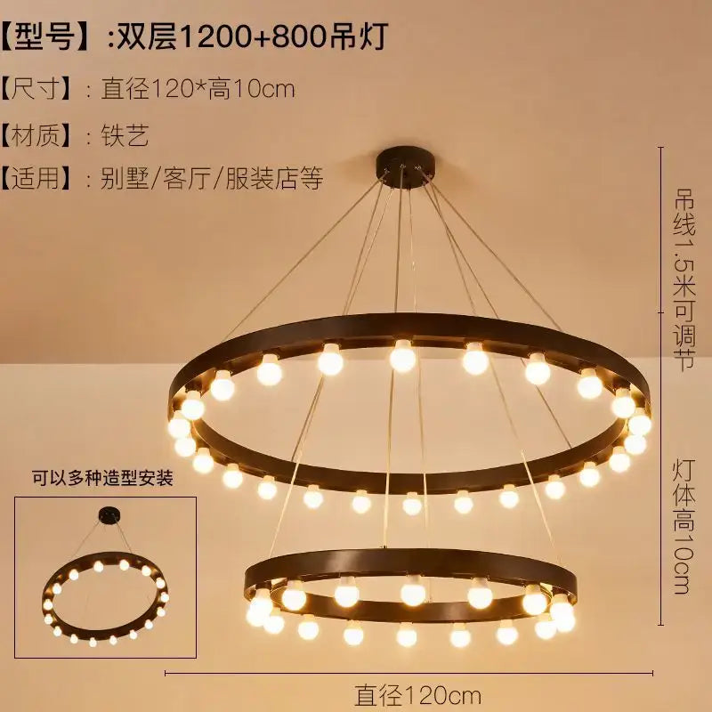Black iron industrial duplex pendant light with double-tier circular rings and warm bulbs for living room decorbites industrial duplex staircase