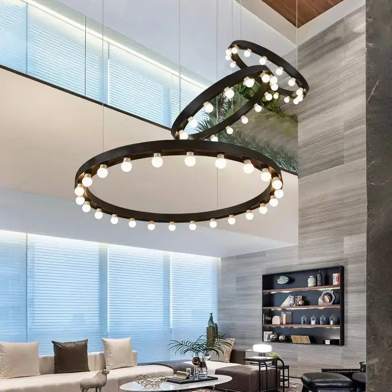 Modern black circular industrial multi tier pendant light with glowing bulbs for decorbites industrial duplex staircase