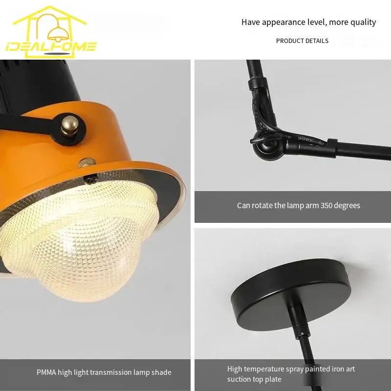 Industrial black and orange swing arm wall lamp with textured PMMA lampshade for bedroom decorbites industrial swing arm lighting