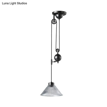 Industrial Black Pendant Lamp with Clear Glass Cone Shade and Pulley