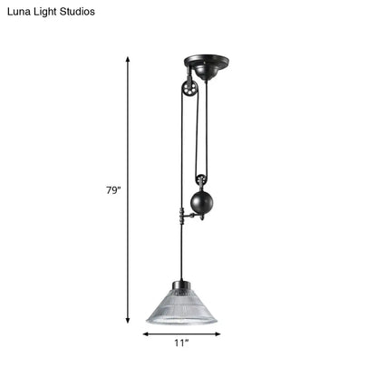 Industrial Black Pendant Lamp with Clear Glass Cone Shade and Pulley