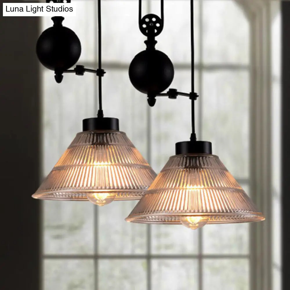 Industrial Black Pendant Lamp with Clear Glass Cone Shade and Pulley