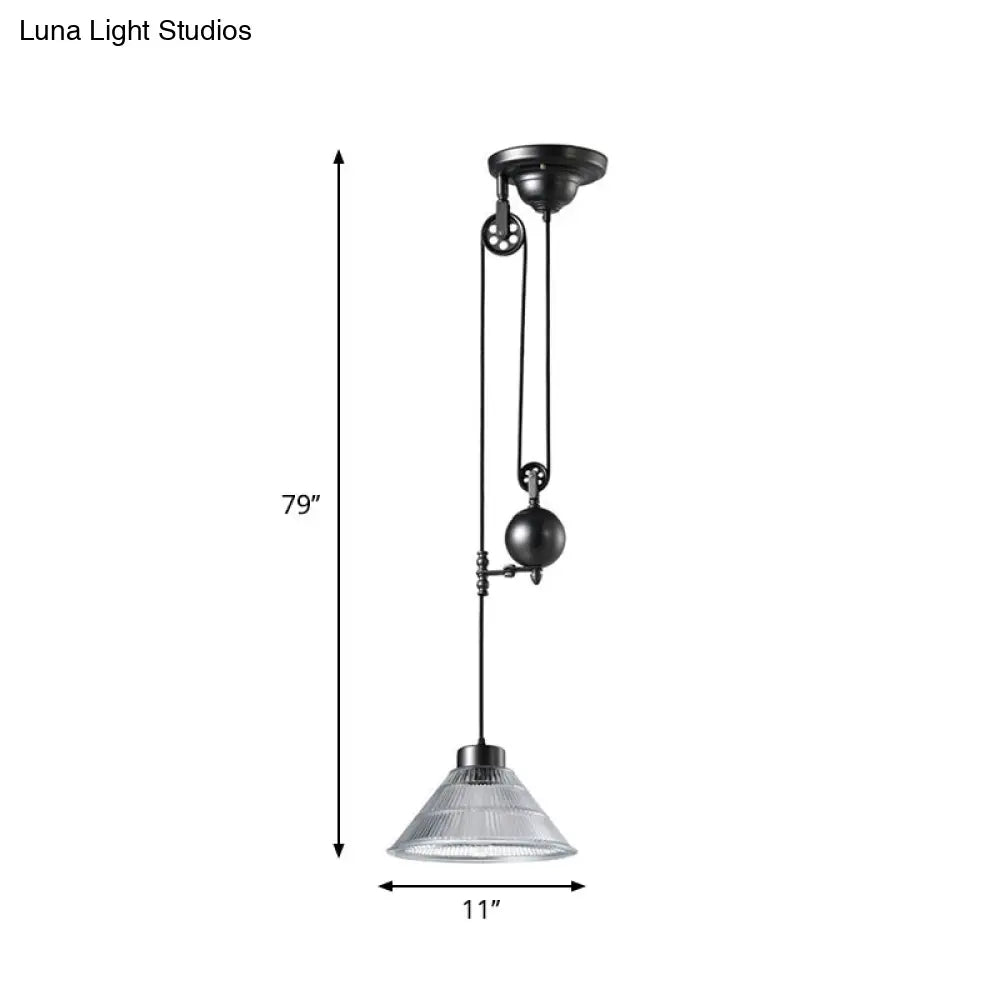 Industrial Black Pendant Lamp with Clear Glass Cone Shade and Pulley