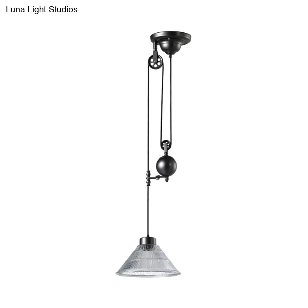 Industrial Black Pendant Lamp with Clear Glass Cone Shade and Pulley