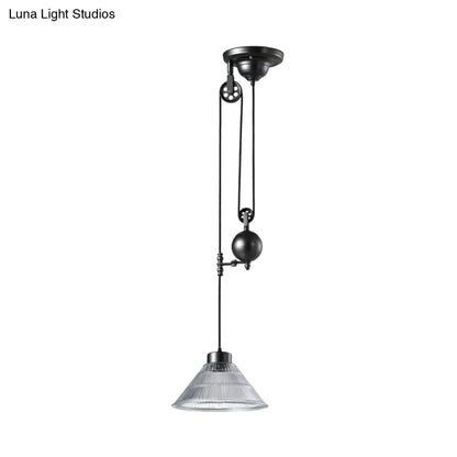 Industrial Black Pendant Lamp with Clear Glass Cone Shade and Pulley