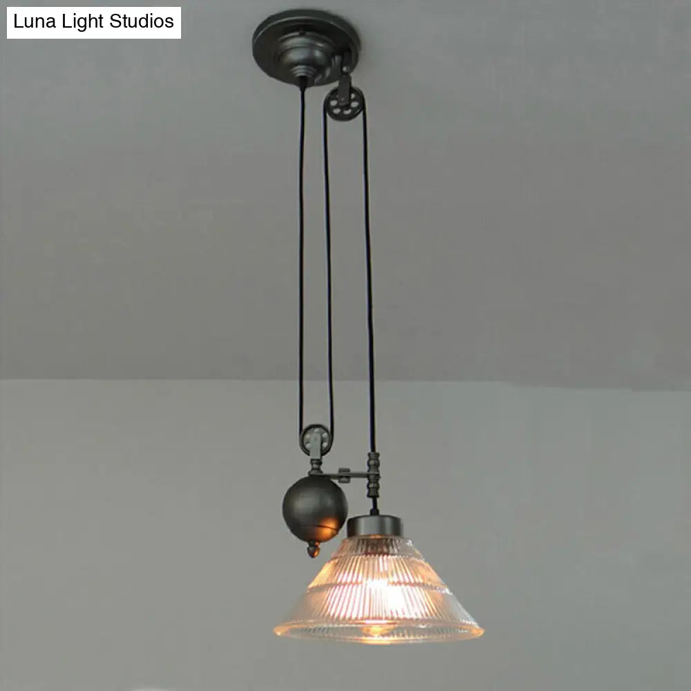 Industrial Black Pendant Lamp with Clear Glass Cone Shade and Pulley