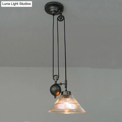 Industrial Black Pendant Lamp with Clear Glass Cone Shade and Pulley