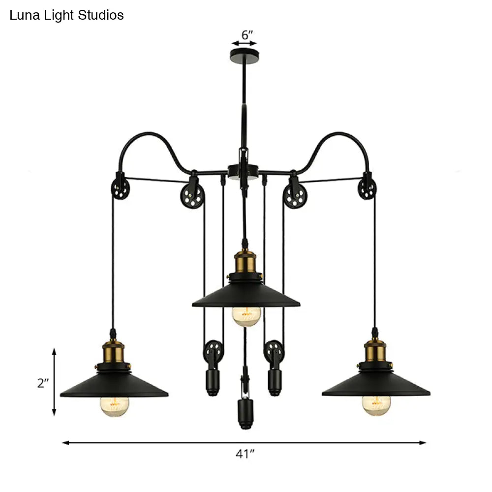 Industrial Black Pendant Light with 3 Metal Heads, Pulley and Cord - Perfect for Living Room