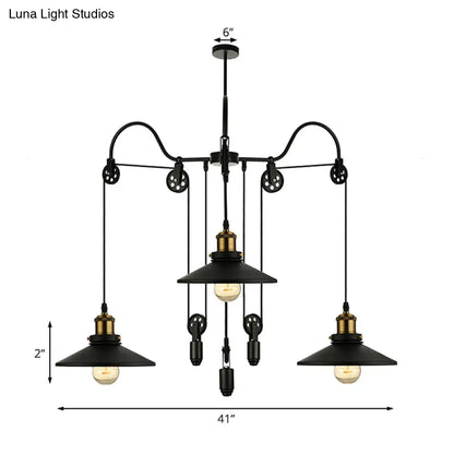 Industrial Black Pendant Light with 3 Metal Heads, Pulley and Cord - Perfect for Living Room