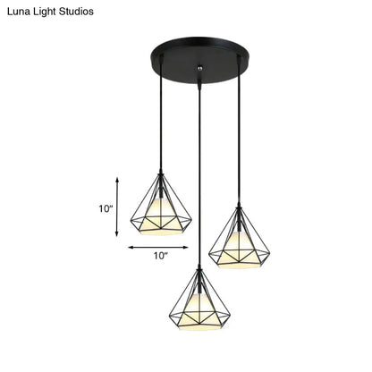 Industrial Black Pendant Light with Diamond Cage Shade - Hanging Ceiling Lamp for Dining Room - 3 Heads