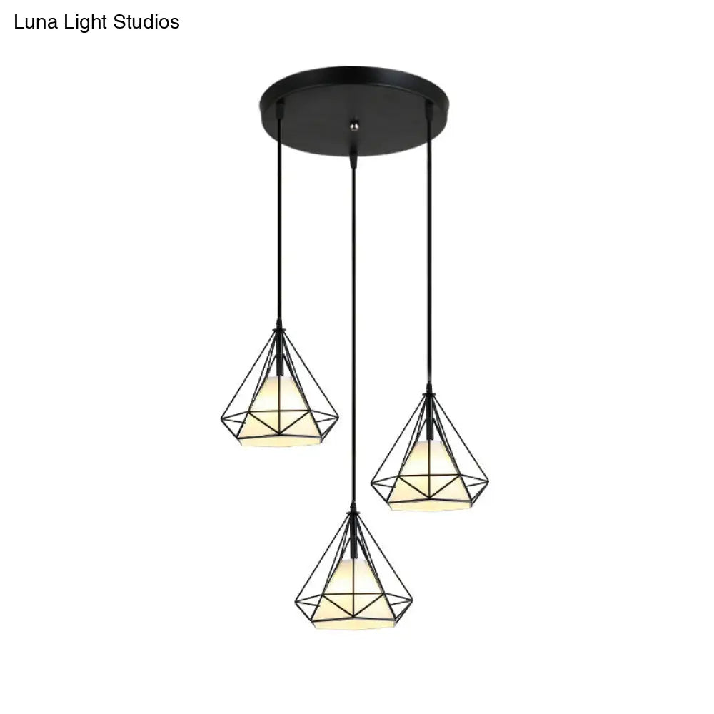 Industrial Black Pendant Light with Diamond Cage Shade - Hanging Ceiling Lamp for Dining Room - 3 Heads