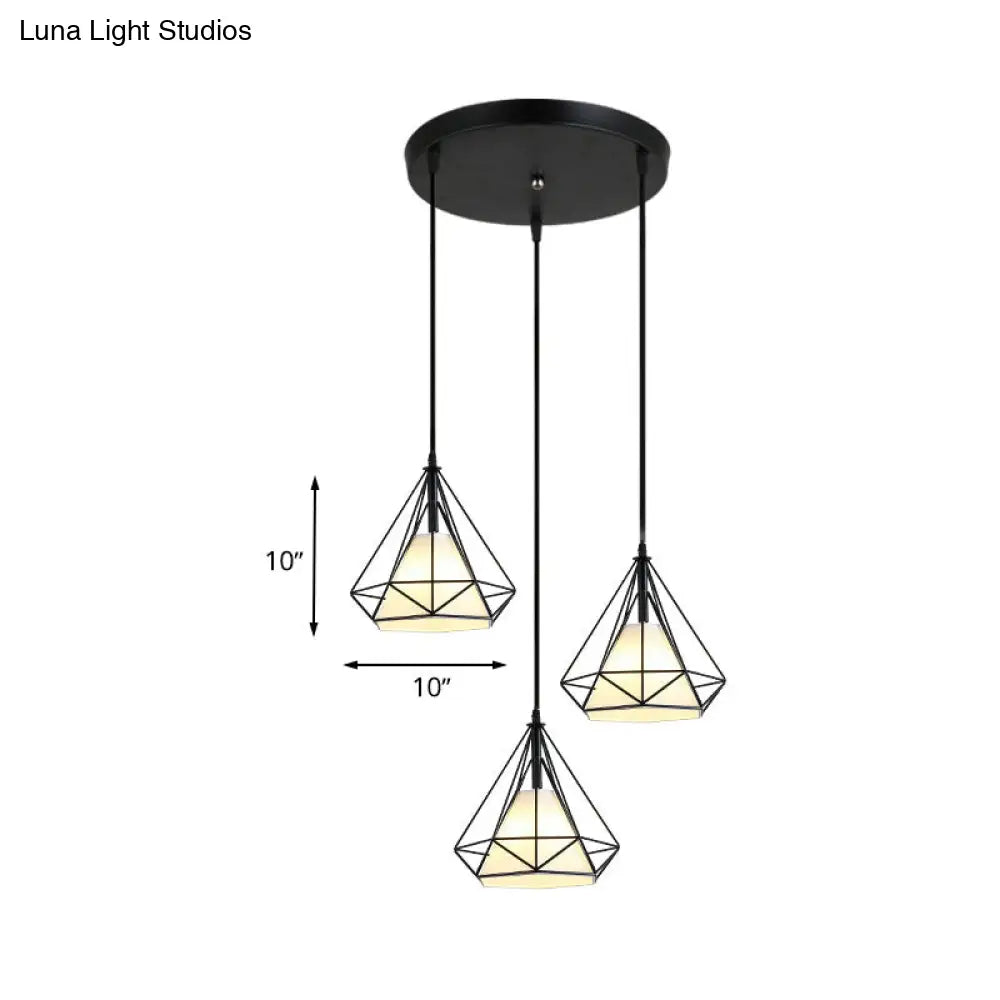 Industrial Black Pendant Light with Diamond Cage Shade - Hanging Ceiling Lamp for Dining Room - 3 Heads