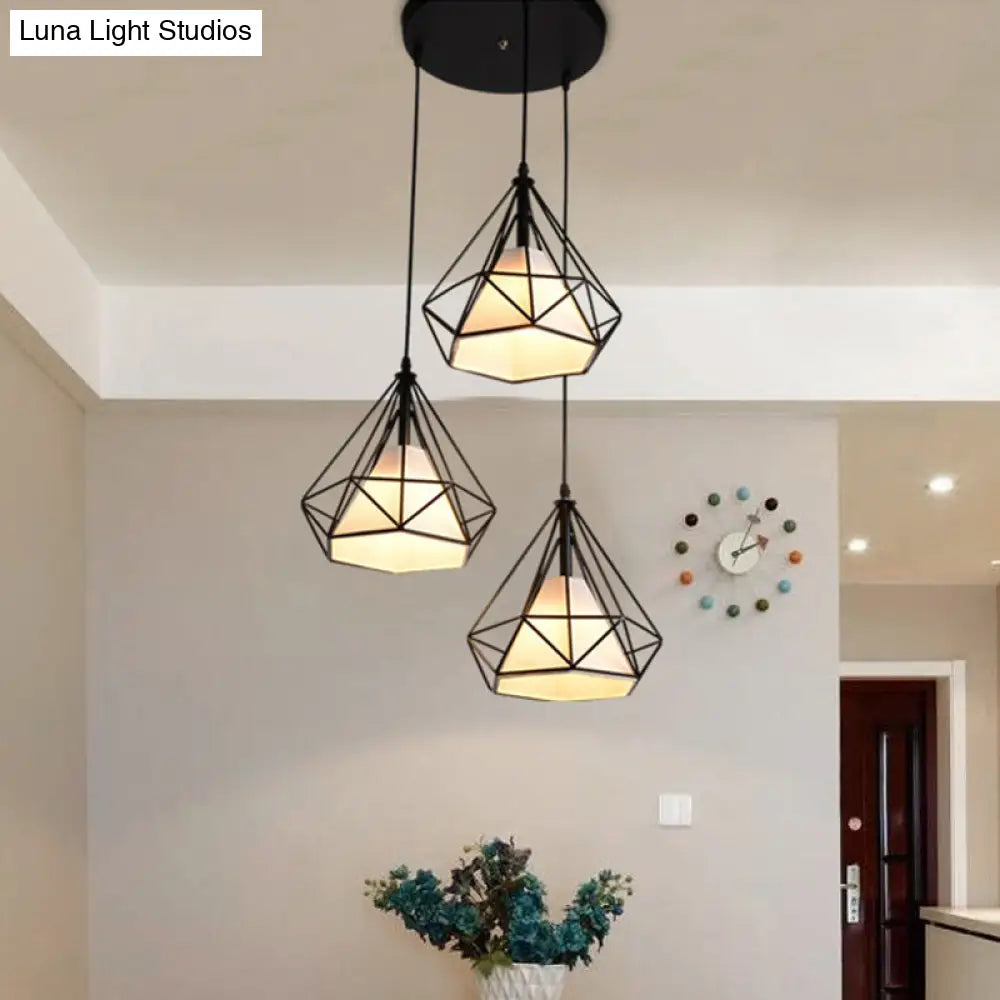 Industrial Black Pendant Light with Diamond Cage Shade - Hanging Ceiling Lamp for Dining Room - 3 Heads