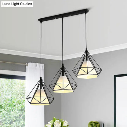 Industrial Black Pendant Light with Diamond Cage Shade - Hanging Ceiling Lamp for Dining Room - 3 Heads