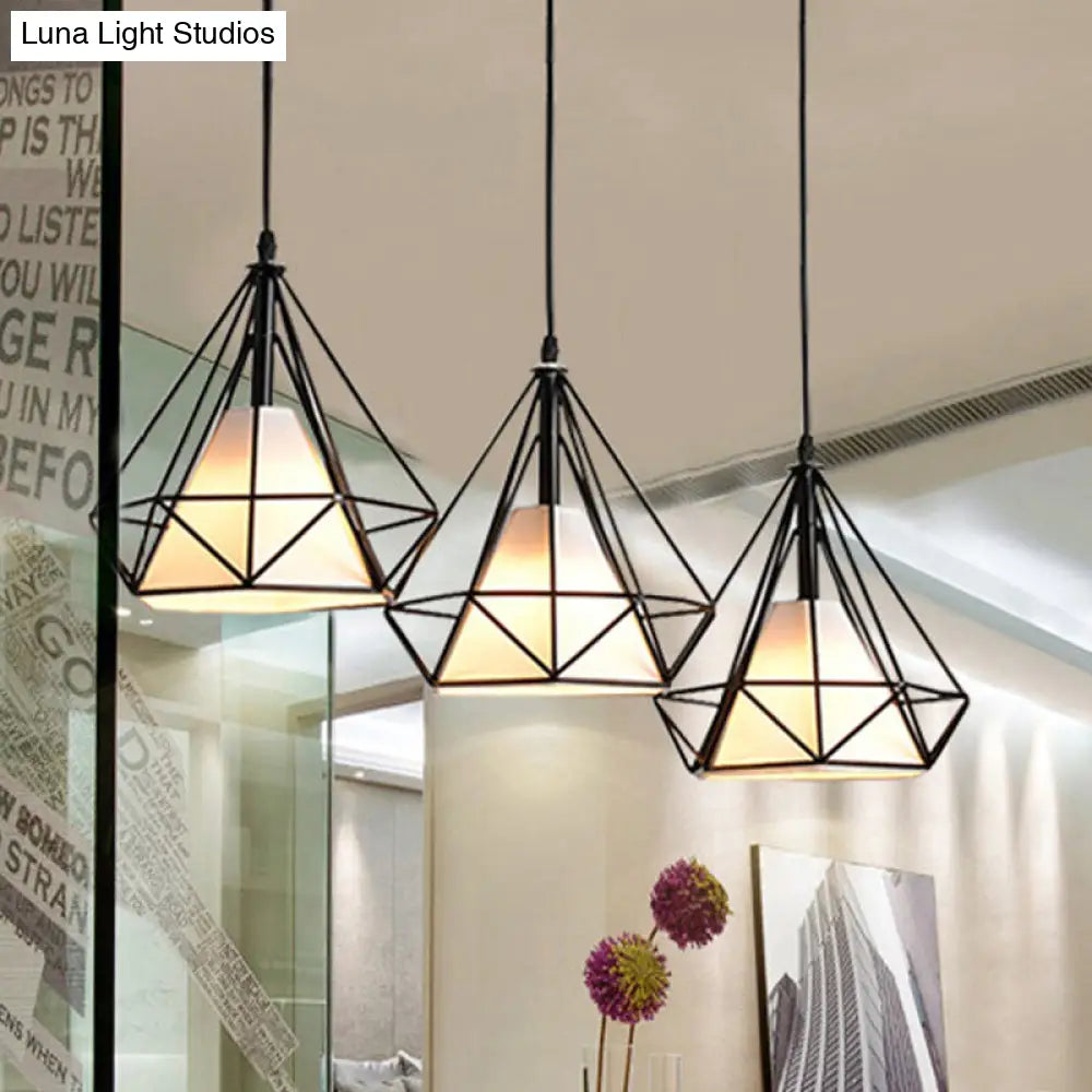 Industrial Black Pendant Light with Diamond Cage Shade - Hanging Ceiling Lamp for Dining Room - 3 Heads